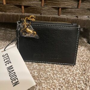 Steve Madden Black Leather Card Holder with Gold Accents